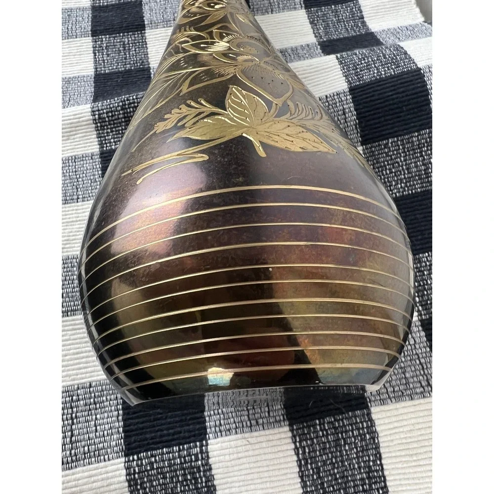 Vintage Etched Brass Floral Vase Tall Bud Vase Gold Tone Boho Decor 15